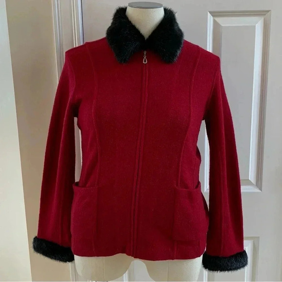 CAROLE LITTLE Boiled Wool Full Zip Faux Fur Collar Sweater Jacket M * Flaw - Picture 5 of 13
